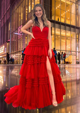Cheryl | Red A Line Backless Ruffle Tulle Prom Dress with Slit - Red - PromDressClub